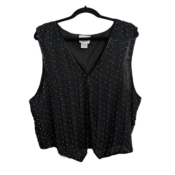 SWEET SUE Vintage 80s Black Silk Beaded Waistcoat Vest Art Deco Glam Size 22 - Picture 12 of 12